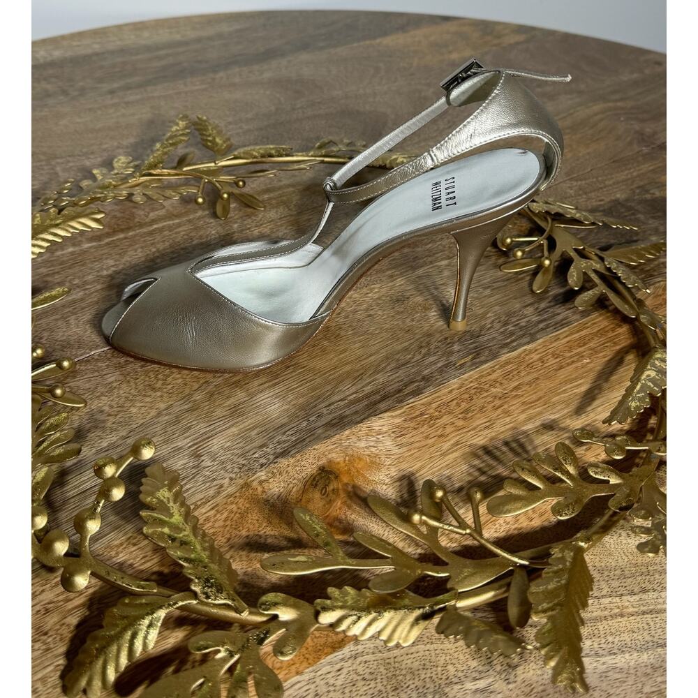 Stuart Weitzman Metallic Gold Peep Toe Heels with Rhinestone Buckle - Size 6.5 - Picture 10 of 16